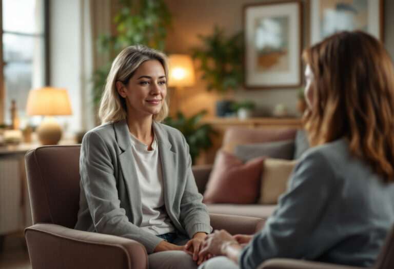 A serene office environment with a woman practicing guided hypnosis and relaxation techniques during a video call session.