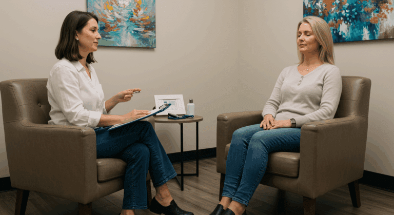 A therapist conducting a hypnosis session with a client in a professional office setting. The client sits calmly with eyes closed while the therapist takes notes.