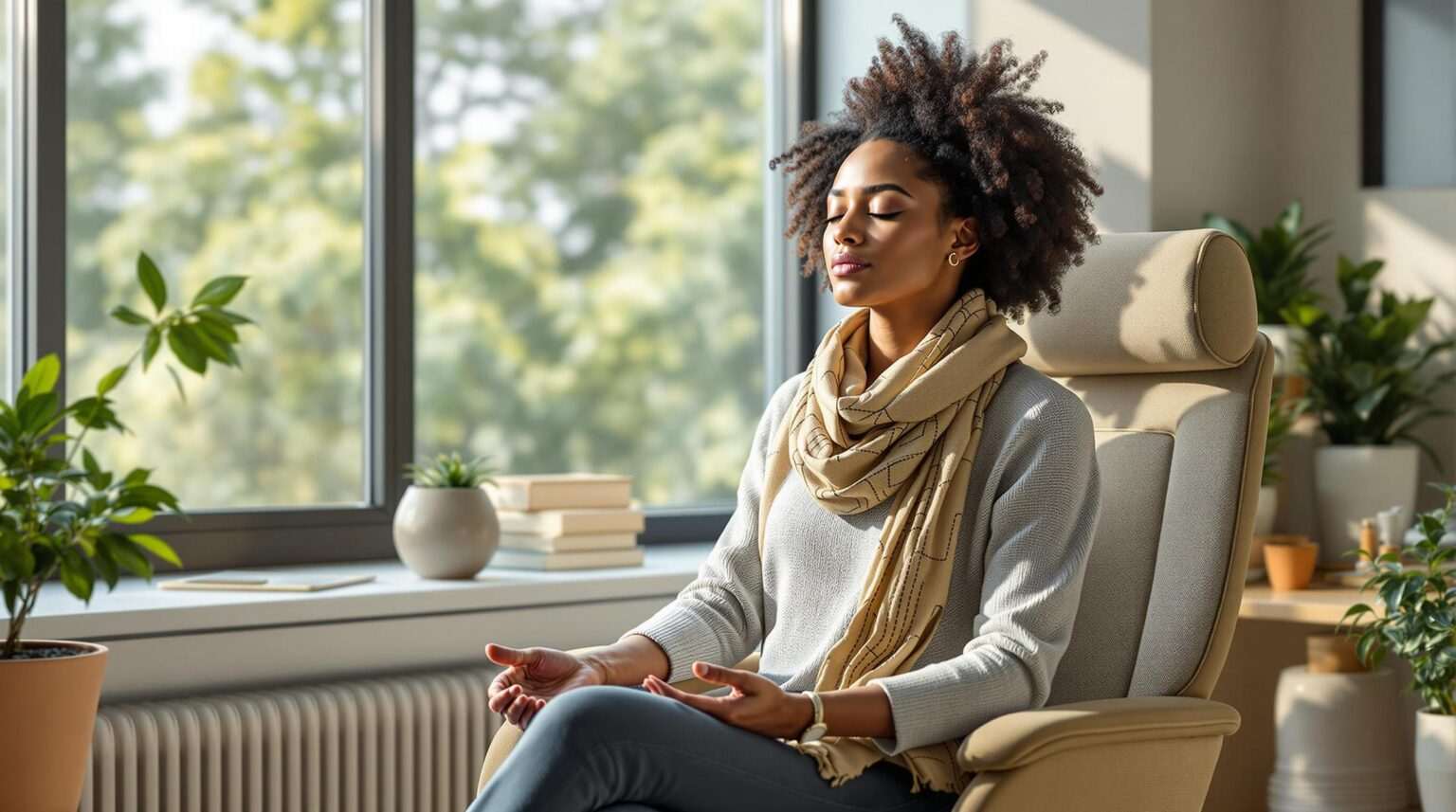 A woman practicing mindfulness and relaxation in an office setting, sitting with her eyes closed in front of a large window with plants around her.