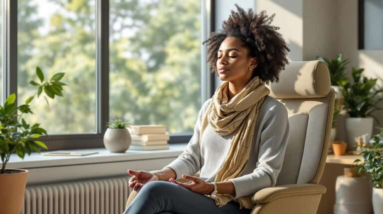A woman practicing mindfulness and relaxation in an office setting, sitting with her eyes closed in front of a large window with plants around her.