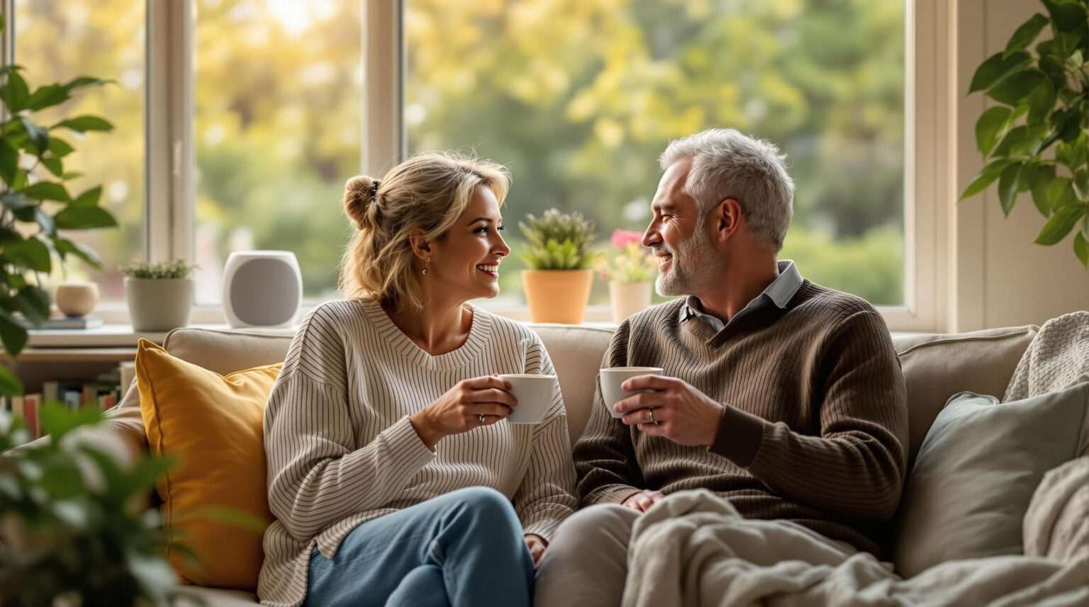A mature couple enjoying a conversation over coffee in a cozy, well-lit home setting, conveying warmth and connection.