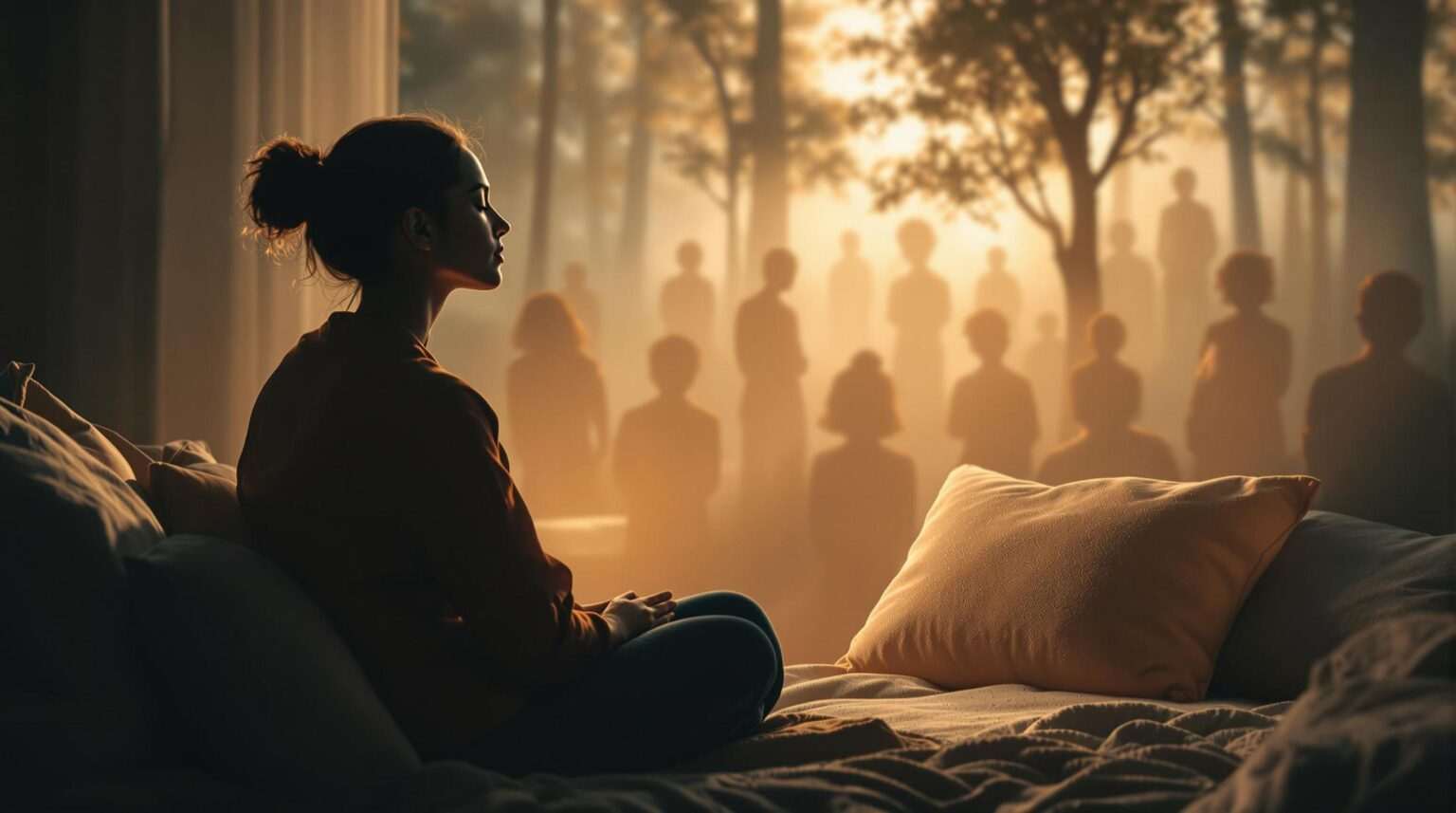 A woman sitting on her bed in a meditative state, with shadowy human figures appearing in the background, representing subconscious thoughts or past experiences.
