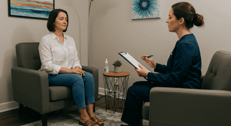 A therapist and a client engaged in a hypnotherapy session in a modern and calming office environment.