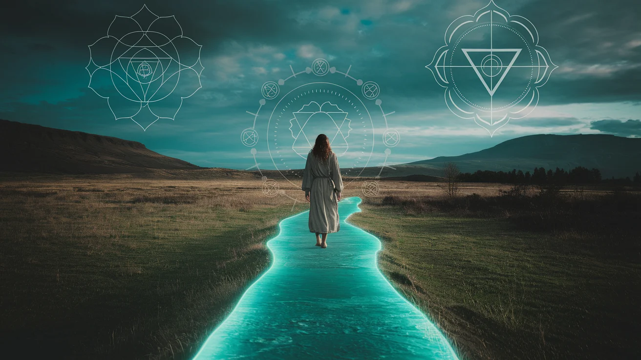 A woman walks a glowing path through nature, surrounded by symbols representing Spiritual Growth and higher consciousness.