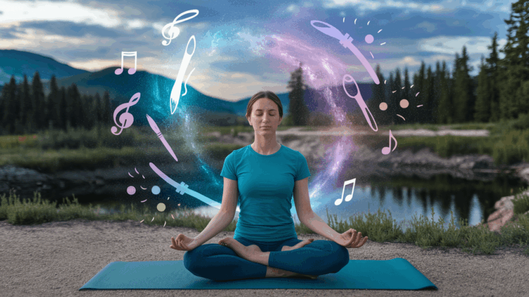 Woman meditating outdoors with floating artistic symbols, symbolizing creativity and mindfulness in nature.