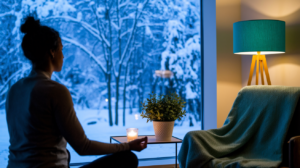 A woman meditates by candlelight during winter, embracing peace and Mental Wellness in a cozy, reflective space.