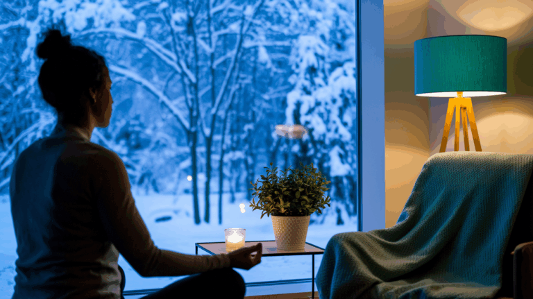 A woman meditates by candlelight during winter, embracing peace and Mental Wellness in a cozy, reflective space.