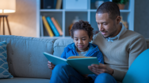 Parent reading to child on couch, demonstrating how hypnosis helps you stay calm and connected in daily family life.