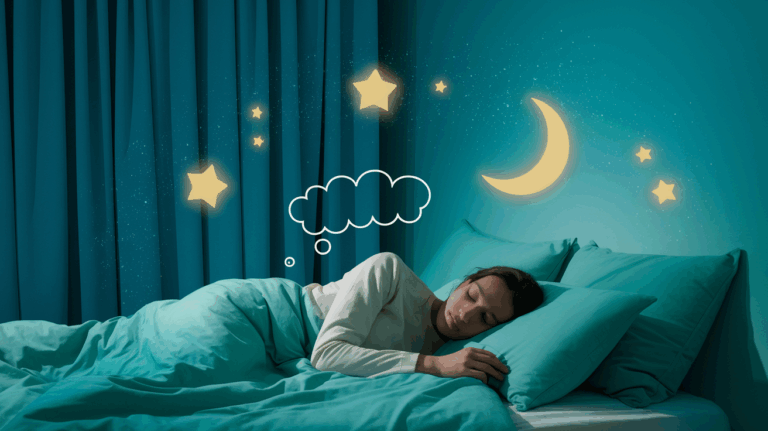 Woman peacefully sleeping in a dreamy blue room with illustrated stars and moon, representing how hypnotherapy boosts dream recall and deep rest.
