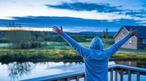 Person stretching arms wide during sunrise, showing morning routines supercharged by hypnotherapy for better energy and focus.