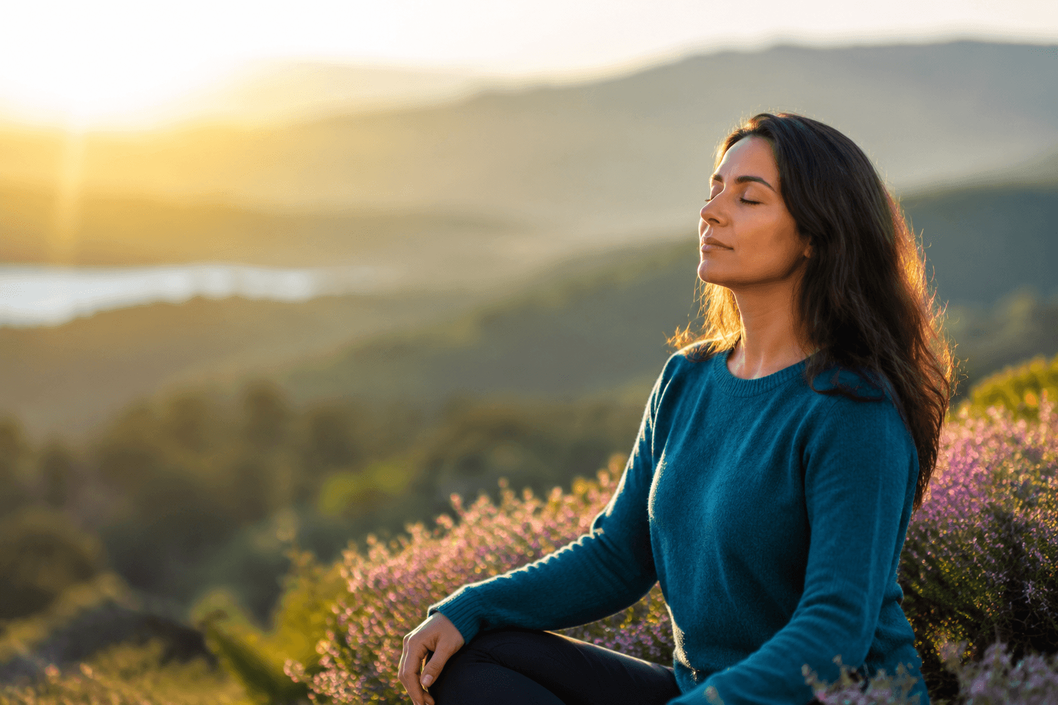 Woman sits with closed eyes, meditating on a sunlit hillside among purple heather.