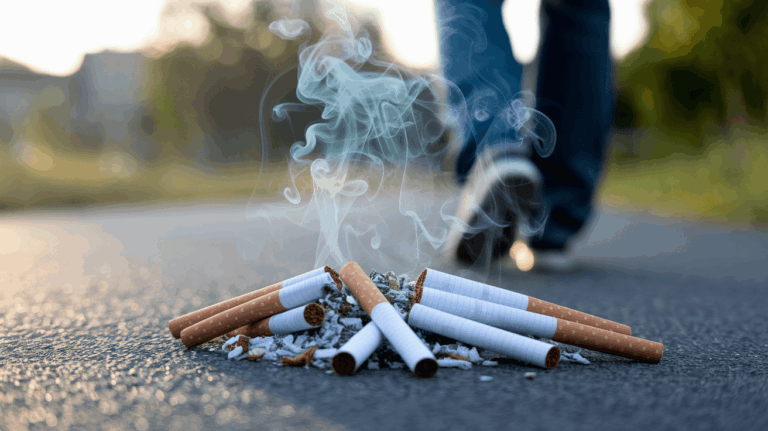 Person walking away from broken cigarettes with teal smoke, symbolizing quitting smoking and reclaiming health.