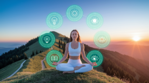 A serene woman practices yoga at sunrise, visually representing Aging & Vitality through mindfulness and movement.