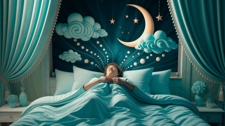 Person resting calmly in bed under dreamy clouds and stars, visualizing the power of guided hypnosis for chronic relief.