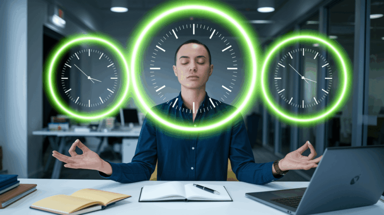 Office worker meditating with glowing clocks overhead, representing mindfulness and time management for work-life balance.