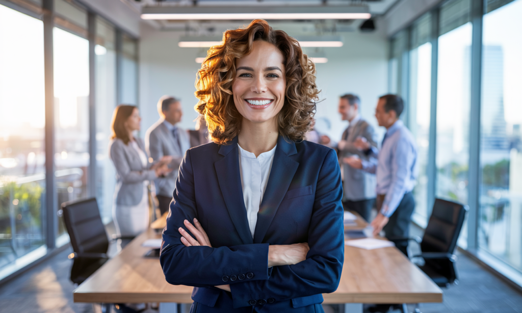 Smiling female executive leader with team in background for Unlocking Executive Potential: Combining Hypnotherapy & Coaching for Peak Leadership
