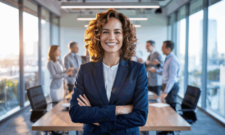 Smiling female executive leader with team in background for Unlocking Executive Potential: Combining Hypnotherapy & Coaching for Peak Leadership