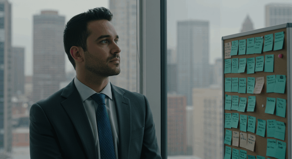 Businessman reflecting in a high-rise office, symbolizing inner conflict tied to fear of success and hypnosis work.