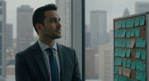 Businessman reflecting in a high-rise office, symbolizing inner conflict tied to fear of success and hypnosis work.