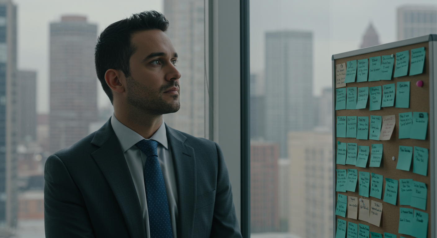 Businessman reflecting in a high-rise office, symbolizing inner conflict tied to fear of success and hypnosis work.