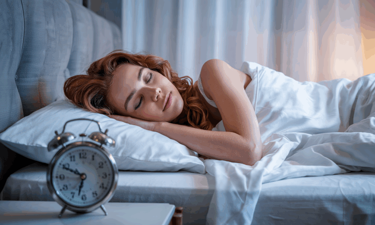 Peaceful woman sleeping in bed with an alarm clock nearby, representing the importance of a healthy nighttime sleep routine.