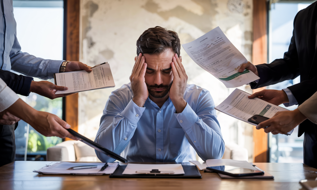 An overwhelmed man buried in paperwork illustrates how stress hijacks success, derailing productivity and focus under mounting pressure.