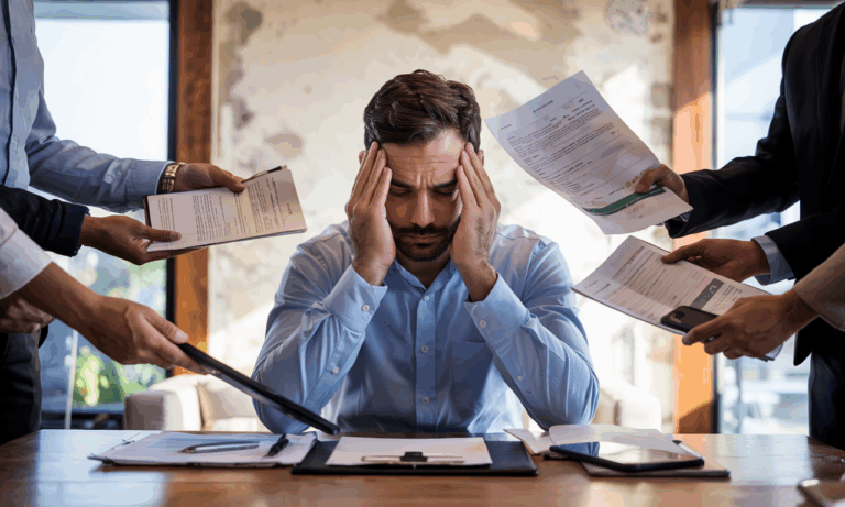 An overwhelmed man buried in paperwork illustrates how stress hijacks success, derailing productivity and focus under mounting pressure.