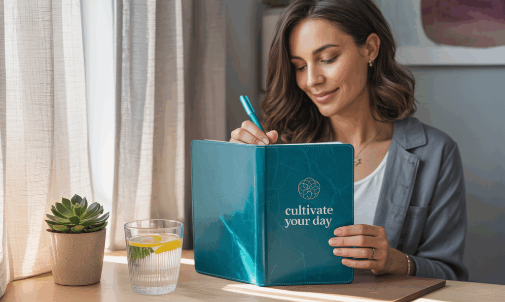 Woman writing in a guided journal titled "Cultivate Your Day," illustrating hypnosis for daily habit formation.