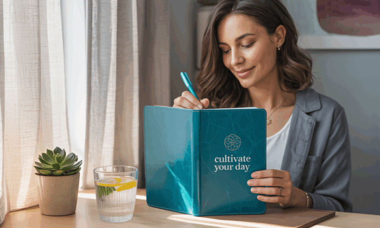 Woman writing in a guided journal titled "Cultivate Your Day," illustrating hypnosis for daily habit formation.