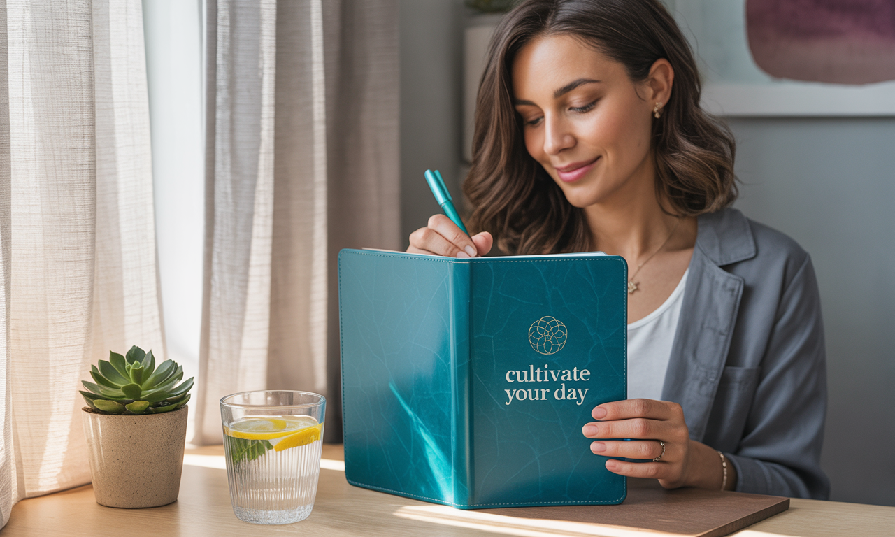 Woman writing in a guided journal titled "Cultivate Your Day," illustrating hypnosis for daily habit formation.