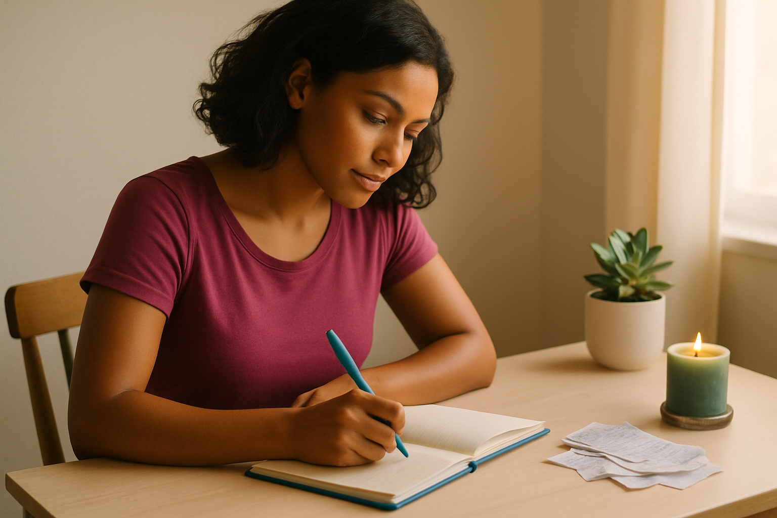 Woman journaling with a candle, using hypnosis to heal financial trauma and build a wealth mindset.