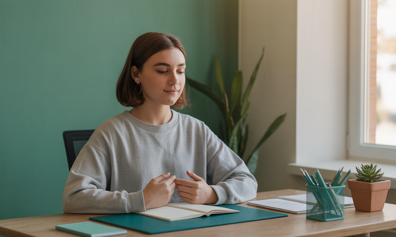 Woman practicing calming techniques at a desk, representing hypnosis for test anxiety.
