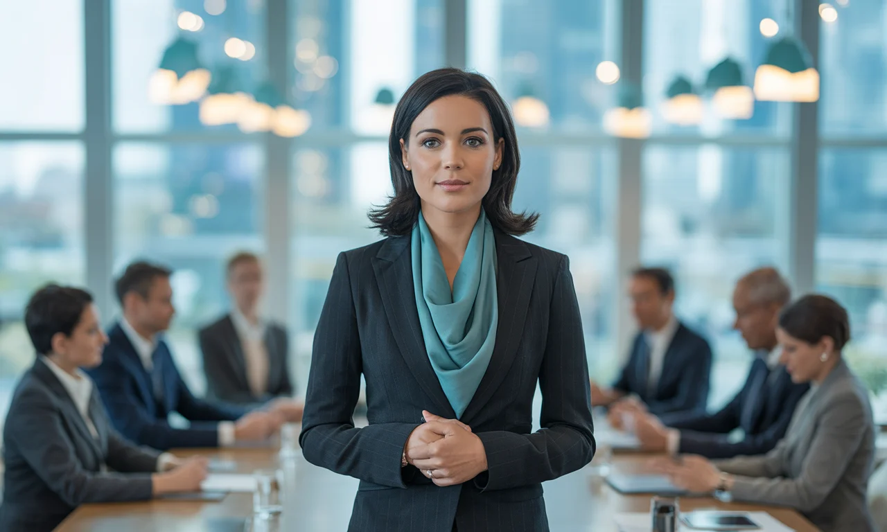Confident woman in a boardroom setting, representing the role of hypnosis in leadership development.