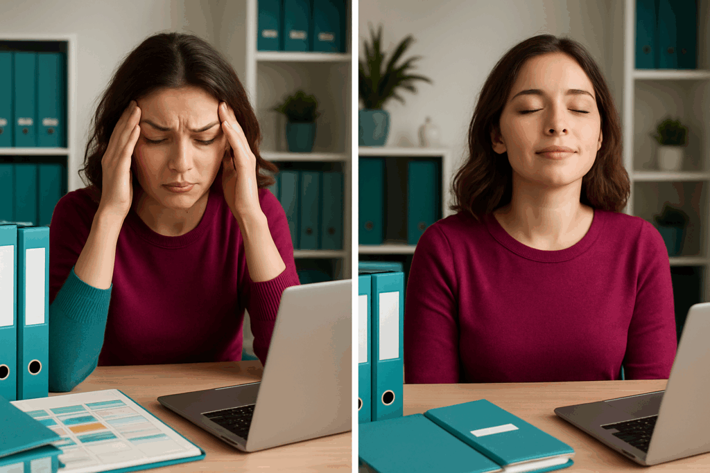 Before-and-after image of a woman releasing stress through hypnosis, targeting perfectionist tendencies.