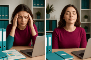 Before-and-after image of a woman releasing stress through hypnosis, targeting perfectionist tendencies.