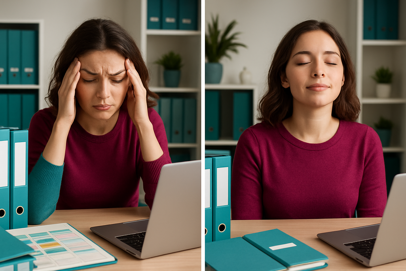 Before-and-after image of a woman releasing stress through hypnosis, targeting perfectionist tendencies.