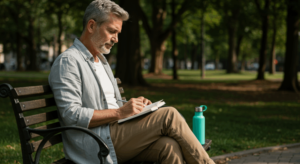 Man journaling on a park bench, using hypnotherapy to rebuild confidence after career setbacks.