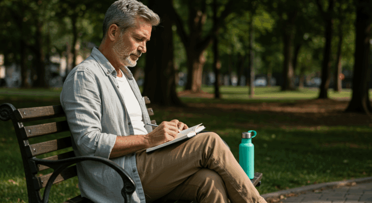 Man journaling on a park bench, using hypnotherapy to rebuild confidence after career setbacks.