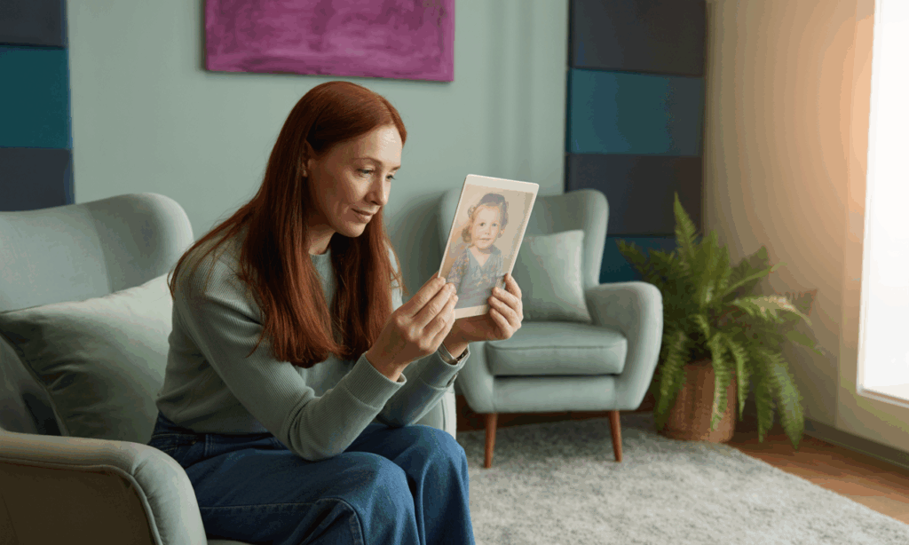 Woman holding a childhood photo in a therapy-like setting, symbolizing hypnotherapy for healing inner child wounds.
