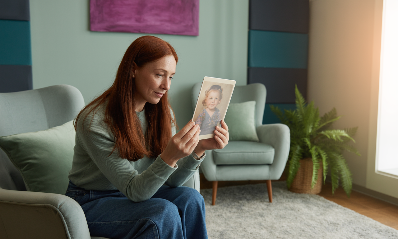Woman holding a childhood photo in a therapy-like setting, symbolizing hypnotherapy for healing inner child wounds.
