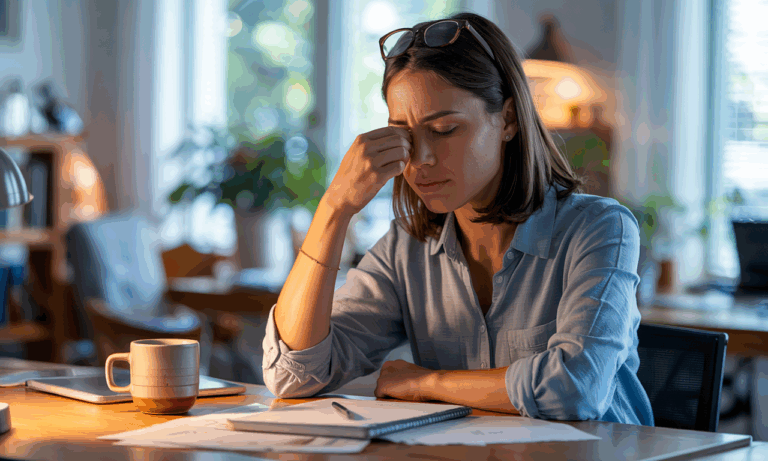 Stressed woman sitting at her desk with eyes closed and hand on her face, showing signs of mental fatigue and work-related burnout.