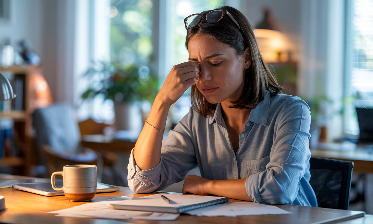 Stressed woman sitting at her desk with eyes closed and hand on her face, showing signs of mental fatigue and work-related burnout.