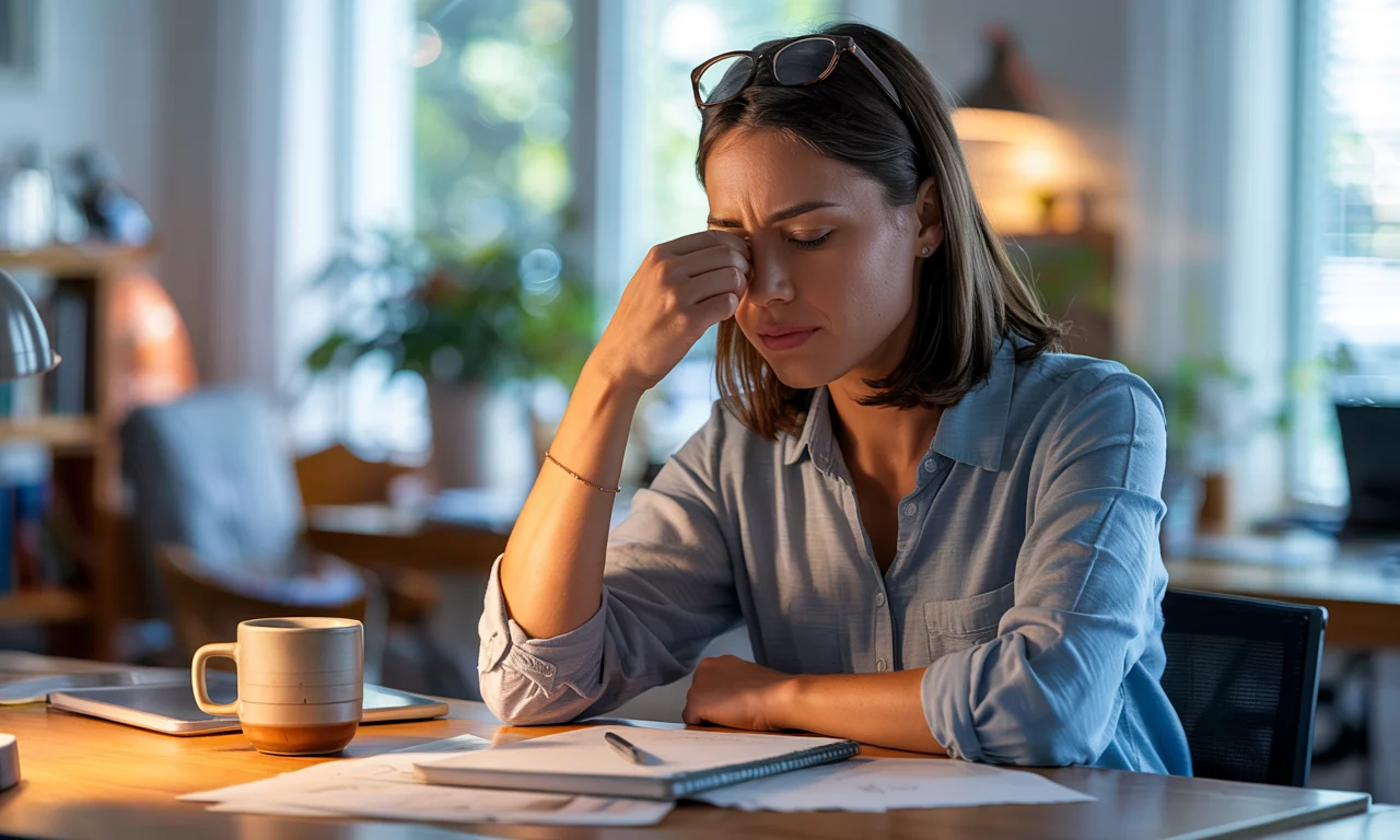 Stressed woman sitting at her desk with eyes closed and hand on her face, showing signs of mental fatigue and work-related burnout.