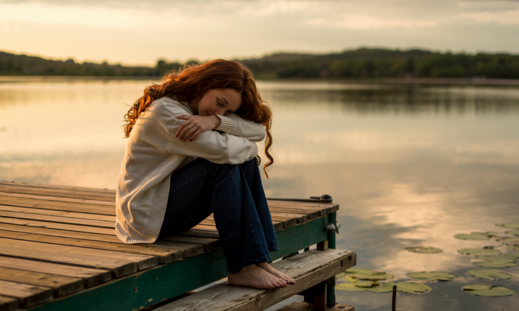 Woman sitting by a lake, symbolizing emotional healing for From Surviving to Thriving: How Trauma Relief Hypnosis Rebuilds Emotional Stability