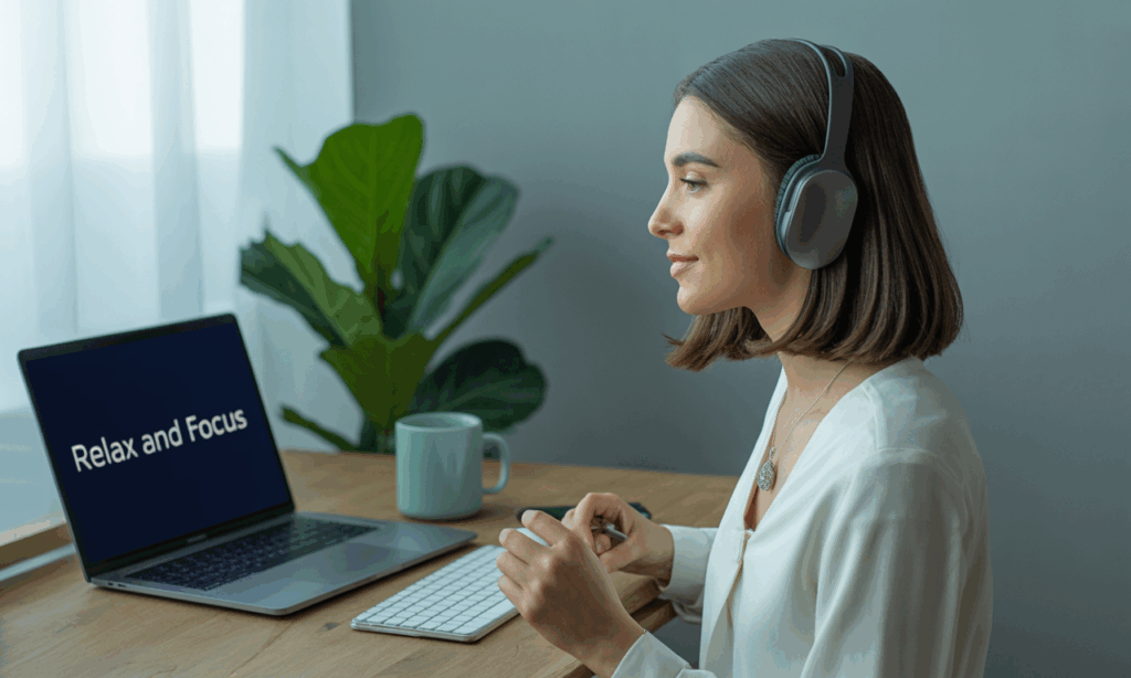 Professional woman using virtual hypnosis on a laptop to improve focus in remote teams.