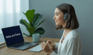 Professional woman using virtual hypnosis on a laptop to improve focus in remote teams.