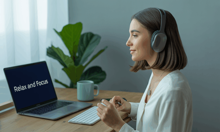 Professional woman using virtual hypnosis on a laptop to improve focus in remote teams.