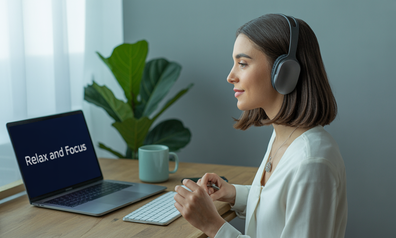 Professional woman using virtual hypnosis on a laptop to improve focus in remote teams.