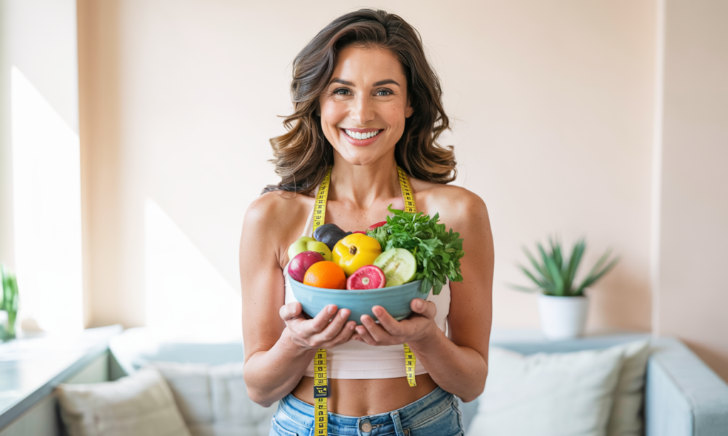 A smiling woman holding a bowl of fruits and vegetables shows that weight loss isn’t just willpower—it’s about making sustainable, nourishing choices.