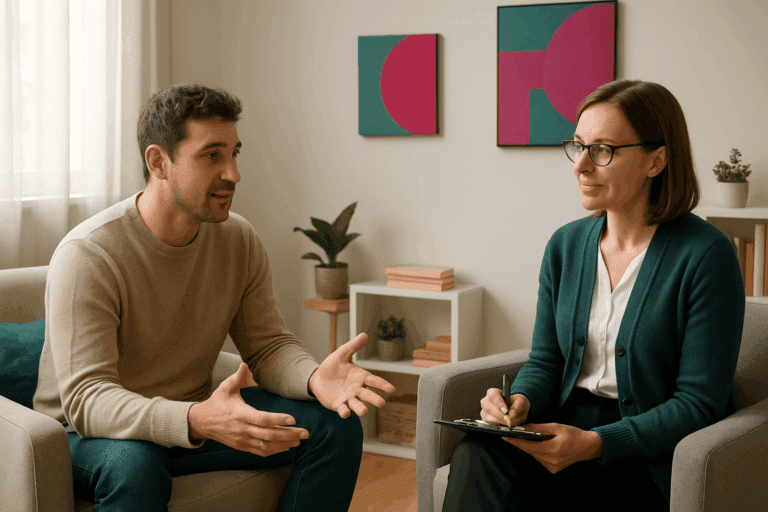 Adult man talking openly with a calm therapist during a comfortable, supportive session.